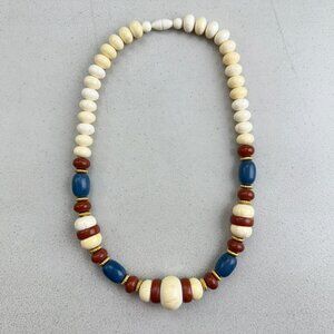 Vintage Chunky Beaded Necklace 1980s Oval Acrylic Beads Strand Cream/Brown/Blue